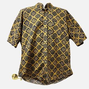 Tommy Hilfiger Blue/Gold Geometric Print Short Sleeve Button Down Shirt Size Lg.